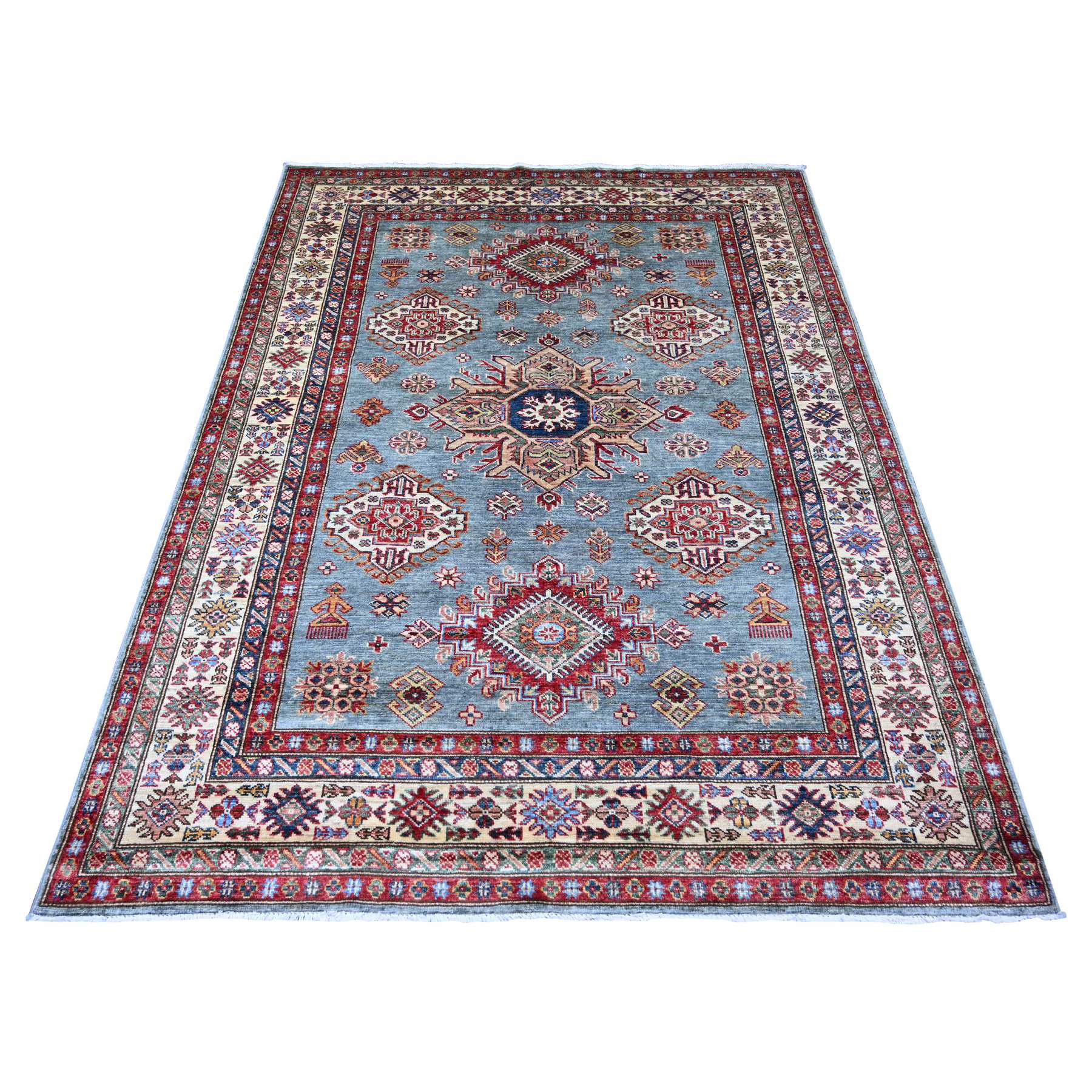 Misty Gray, Afghan Super Kazak with Geometric Medallions Design, Hand Knotted, 100% Wool, Vegetable Dyes, Oriental Rug